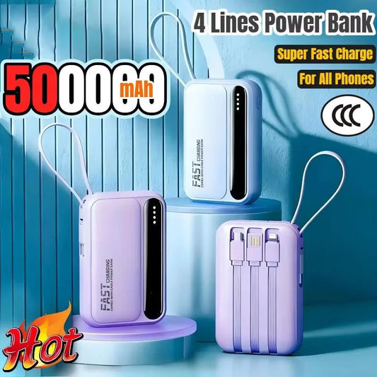 120W 500000Mah Power Bank Large Capacity 4 In1 Cables Intelligent Digital Display Light Portable Powerbank for Iphone Huawei New